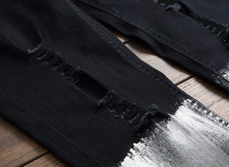 Pair of men's black basic straight jeans with worn finish, 98% cotton, side view