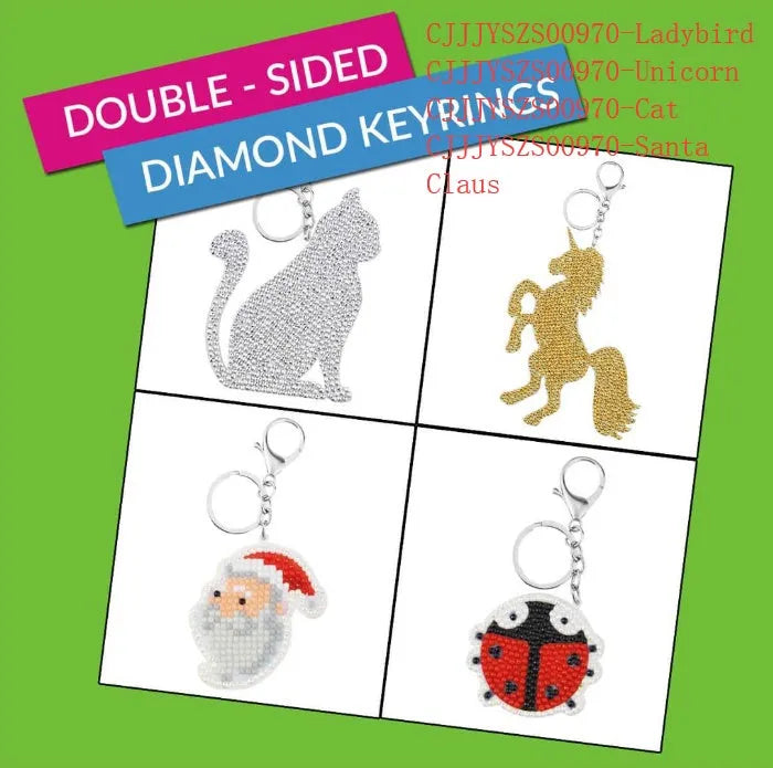 Diamond painting keychain craft kit with four style options: ladybird, Santa Claus, unicorn, on a white background