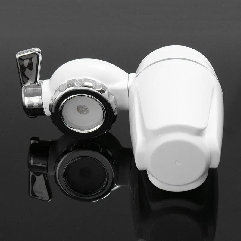 White plastic faucet water filter unit with ceramic core and universal thread adapters for kitchen tap installation.