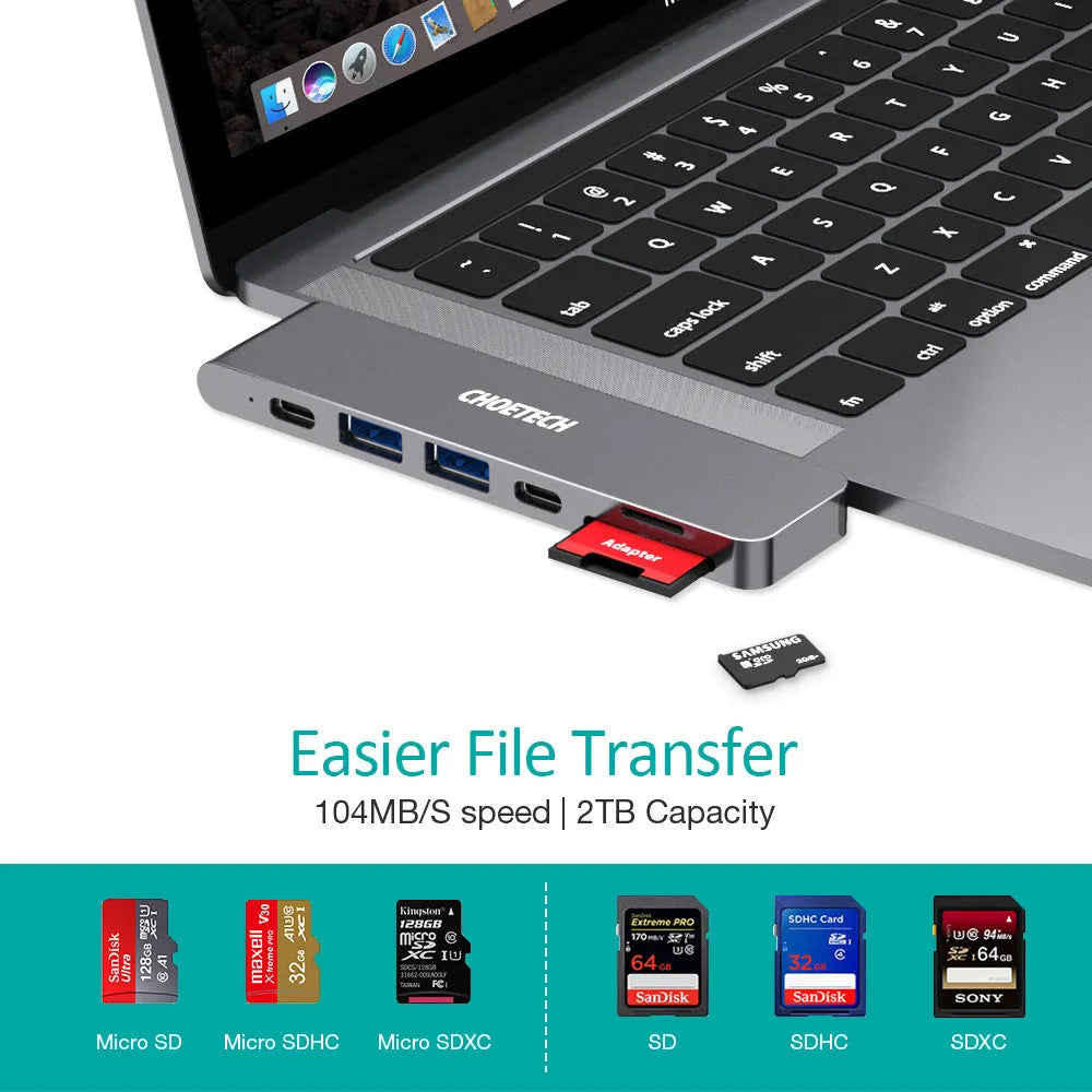 Compact aluminium USB-C hub showing ports: Thunderbolt 3, USB-C PD, HDMI, SD card slot, and two USB 3.0
