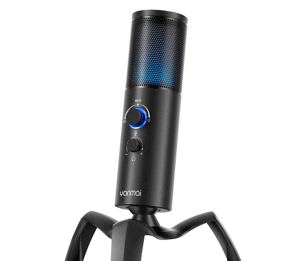 Black Q18 USB condenser microphone with RGB lights on an adjustable metal tripod stand.