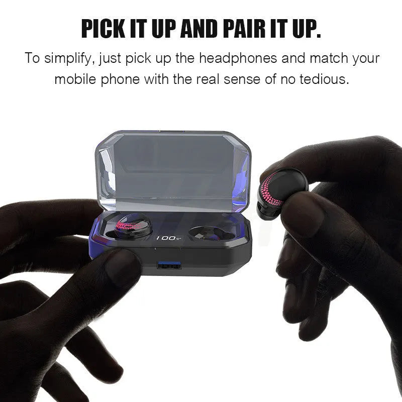 Black X10 Bluetooth wireless earbuds with charging case showing compact 150x100x40mm dimensions