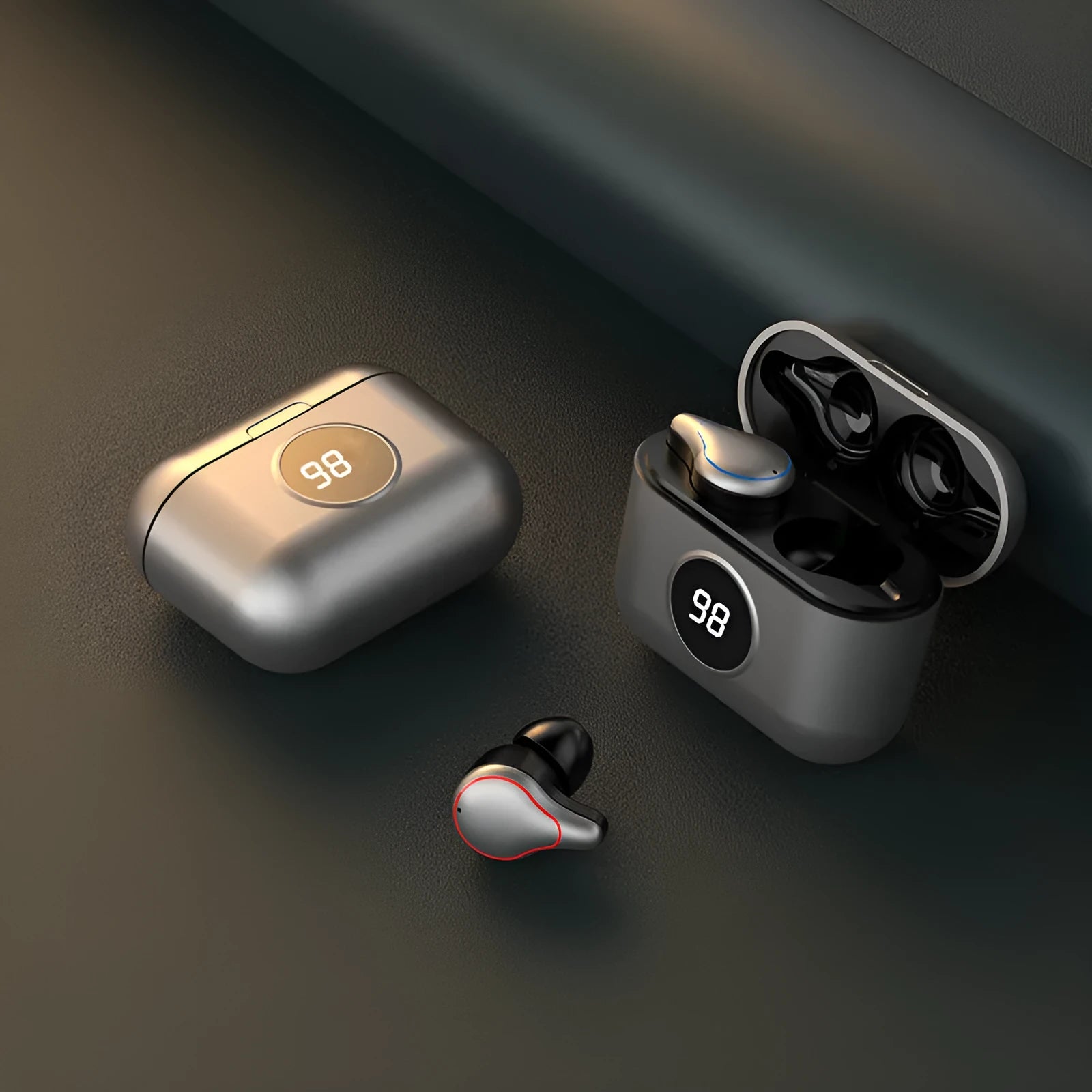 Black and blue in-ear Bluetooth headset with bilateral stereo earplugs