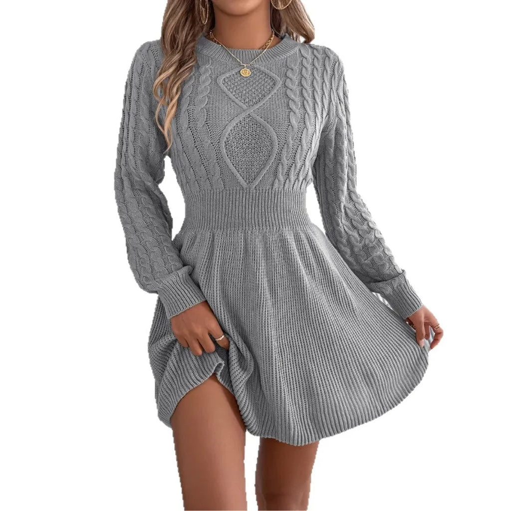 Women's long sleeve sweater dress with lantern sleeves and elastic waist in artificial fur fabric