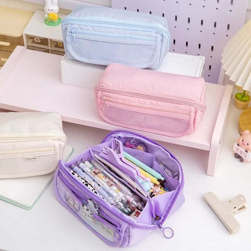 Korean style canvas pencil case with ten-layer flip design shown in various colours