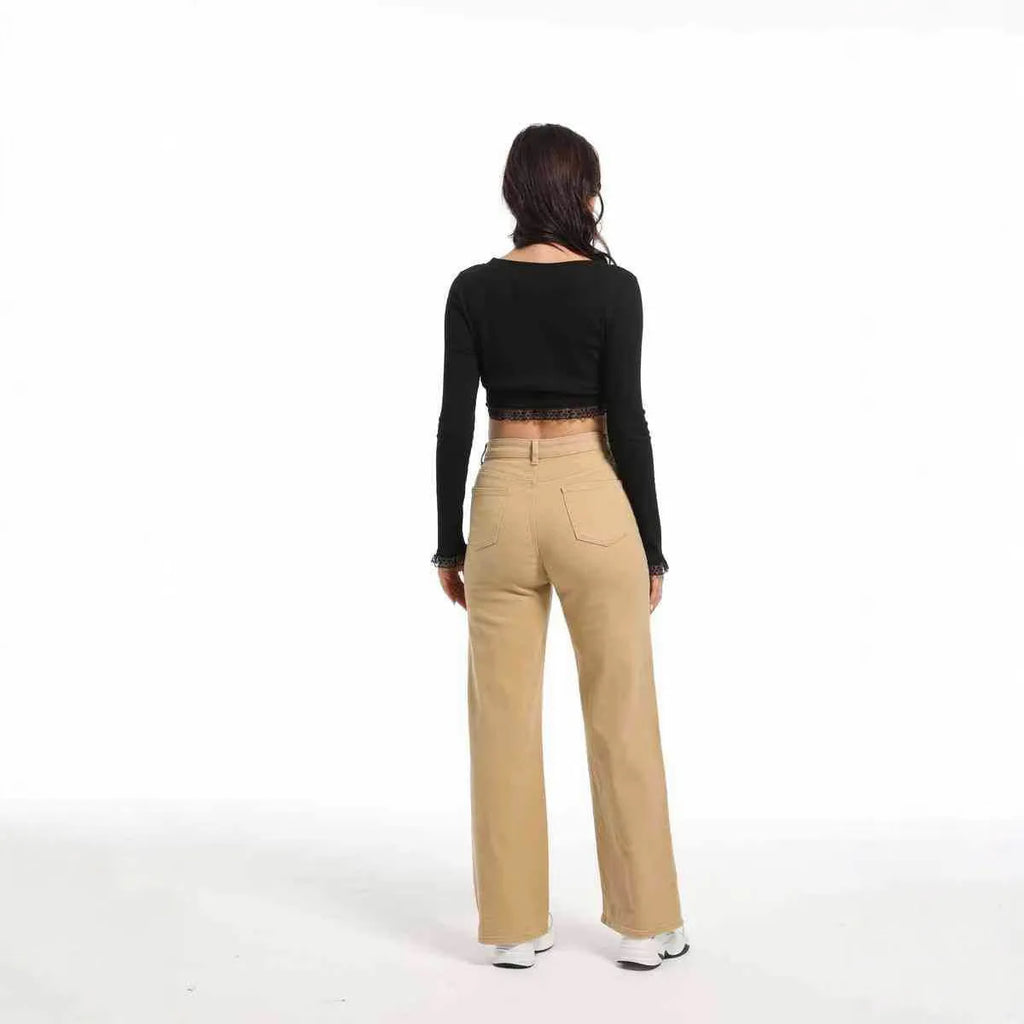 Women's apricot and khaki coloured straight-leg wide jeans with high waist for autumn.