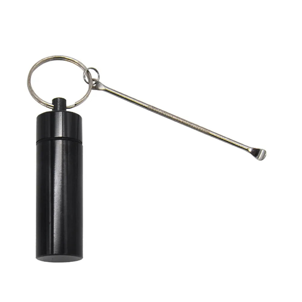 Aluminium portable pill storage bottle with keychain and small spoon in multiple colour options.