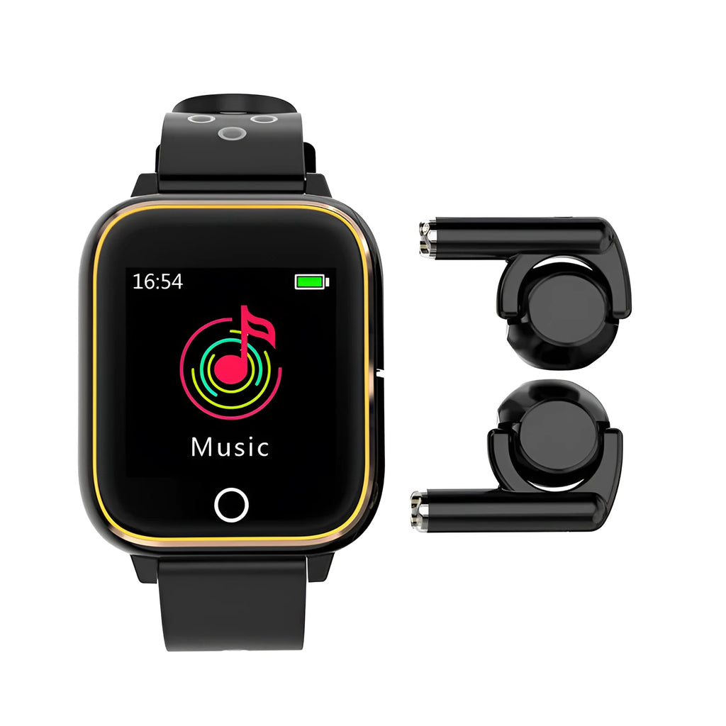 Black smart watch with removable Bluetooth earbuds showing heart rate monitoring on 1.4-inch screen
