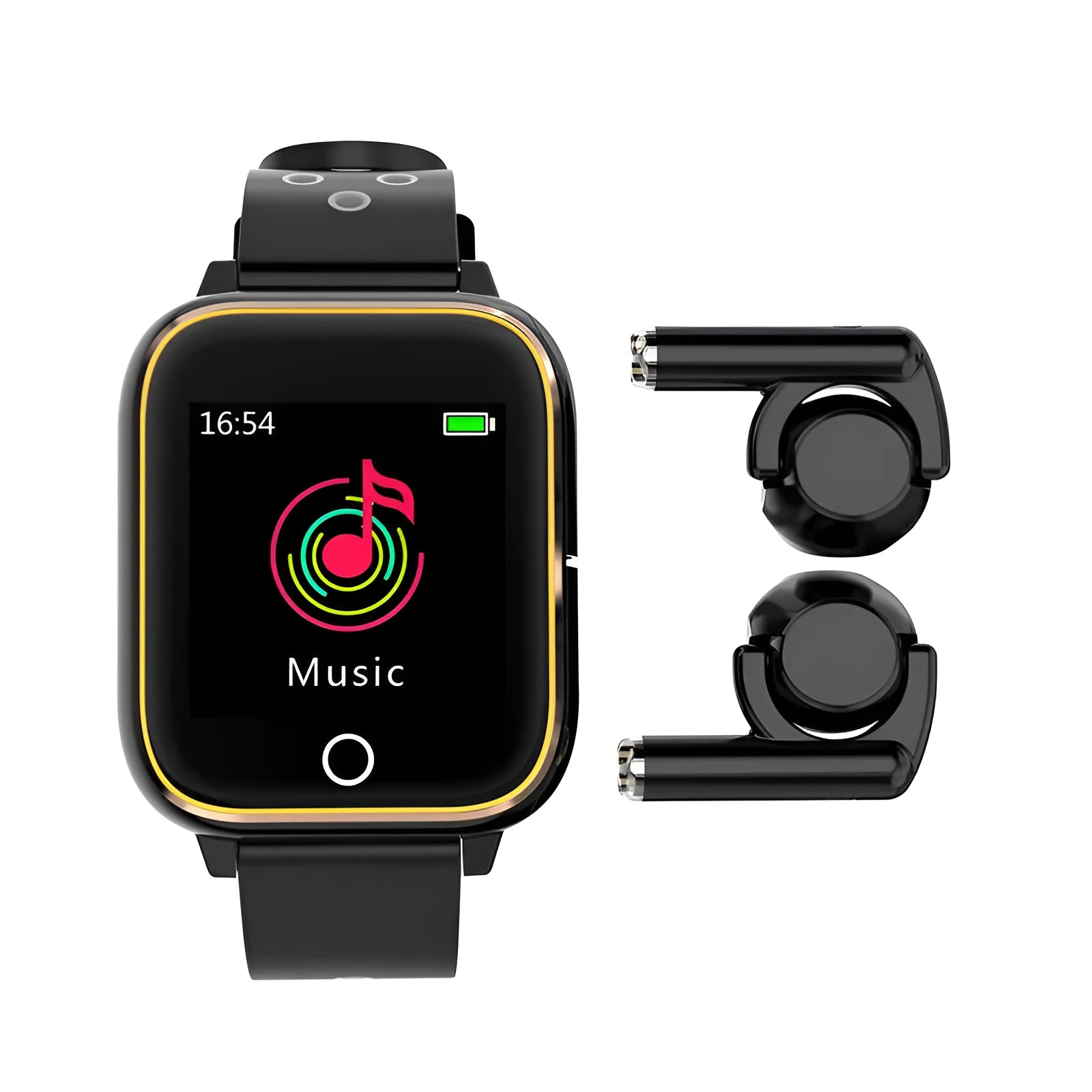 Black smart watch with removable Bluetooth earbuds showing heart rate monitoring on 1.4-inch screen