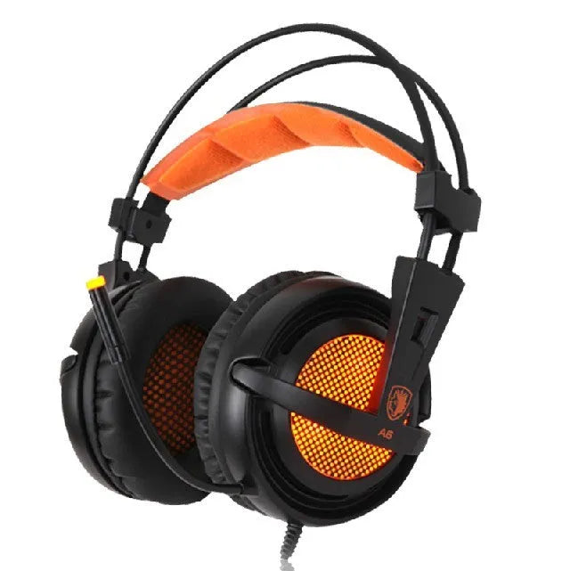 Black and white 7.1 channel USB gaming headset with LED lights on ear cups.