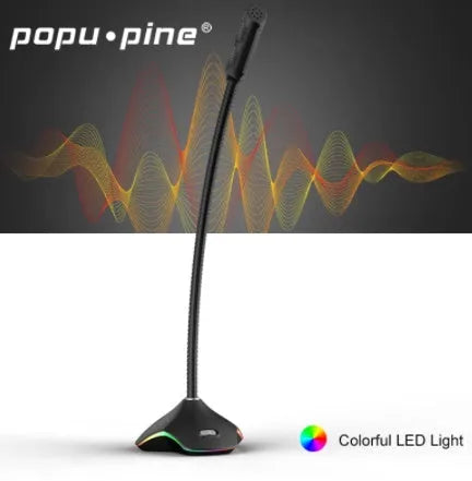 Black wired USB microphone with 3.5mm jack and positioning stents on a desk