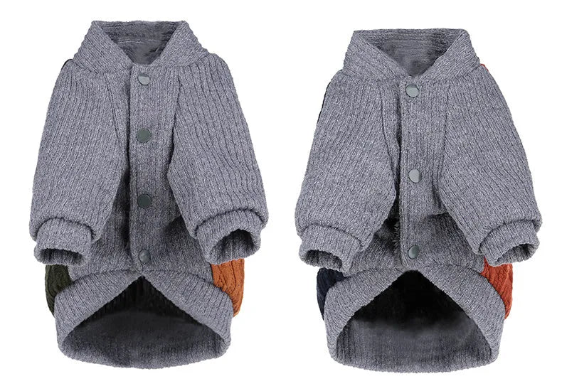 Blue cotton pullover dog sweater on a small breed dog, shown against a neutral background