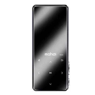 Silver portable MP3 music player with a large 2.4-inch touch screen showing a music library interface.