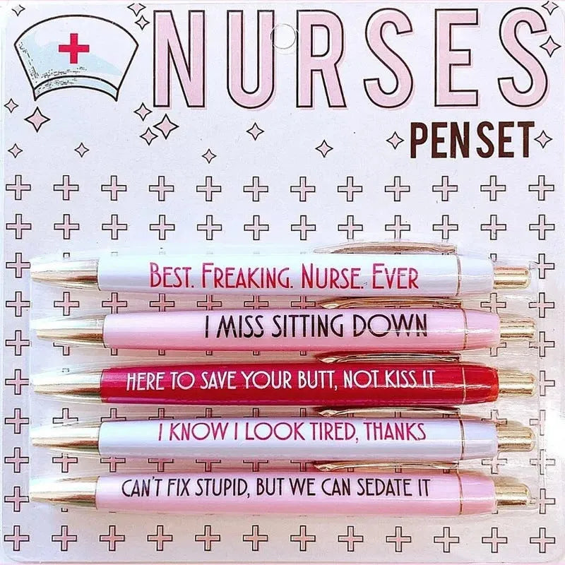 Five blue retractable ballpoint pens with white nurse-themed text, laid side by side.