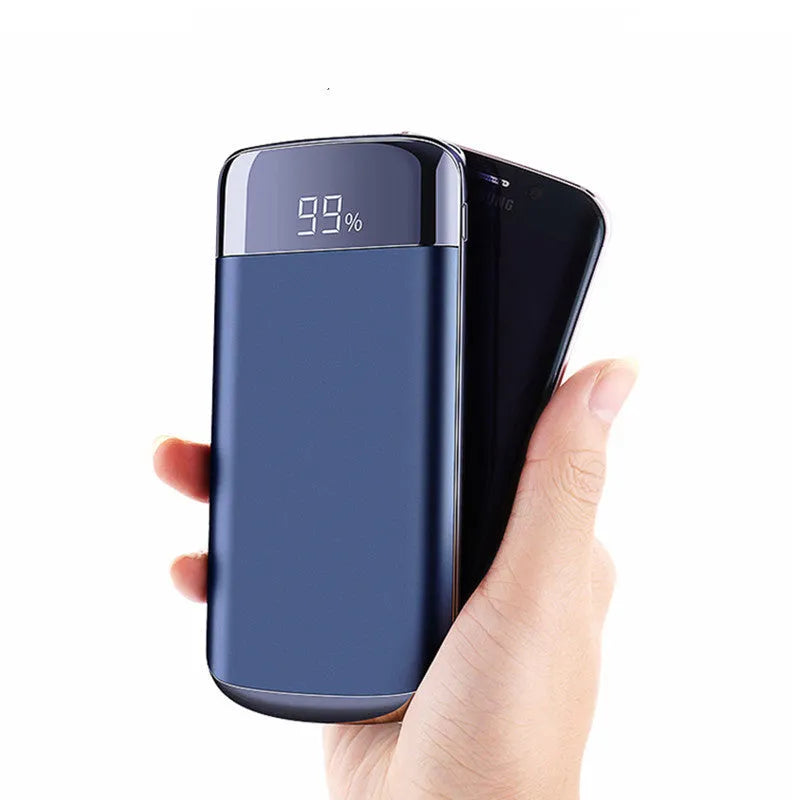 Square aluminium alloy power bank with digital display in pink, black, white, gold, and blue colours.