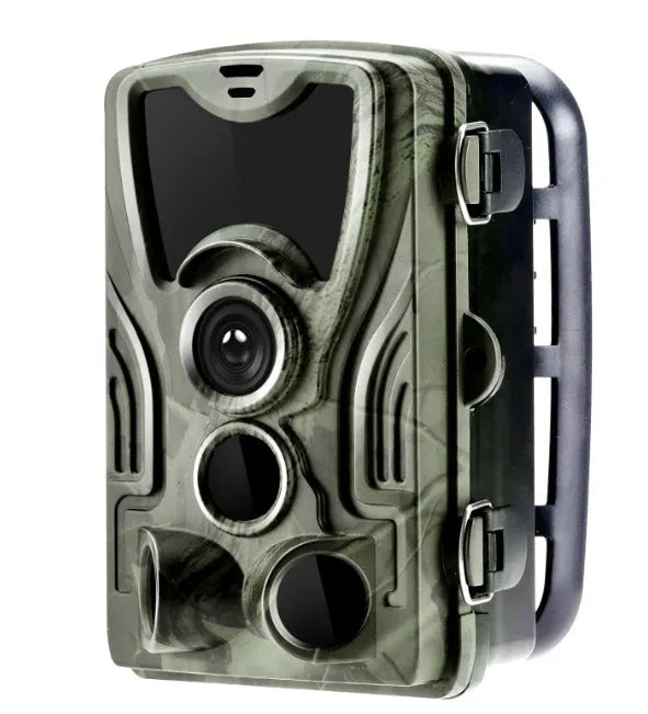 Green camouflage cellular trail game camera for hunting with infrared LEDs.