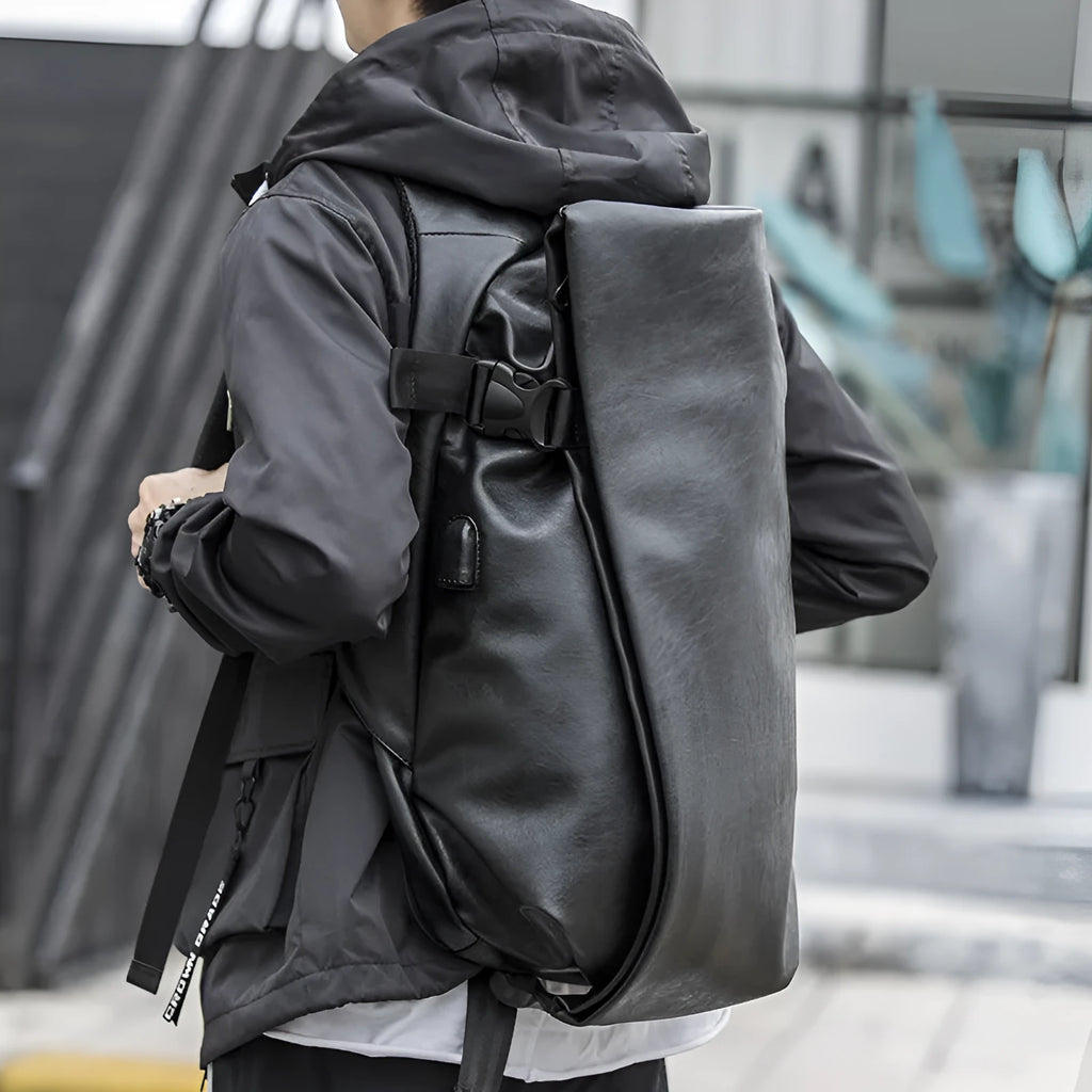 Korean men's PU leather shoulder bag in black with car suture, square shape, double strap, and cover bag