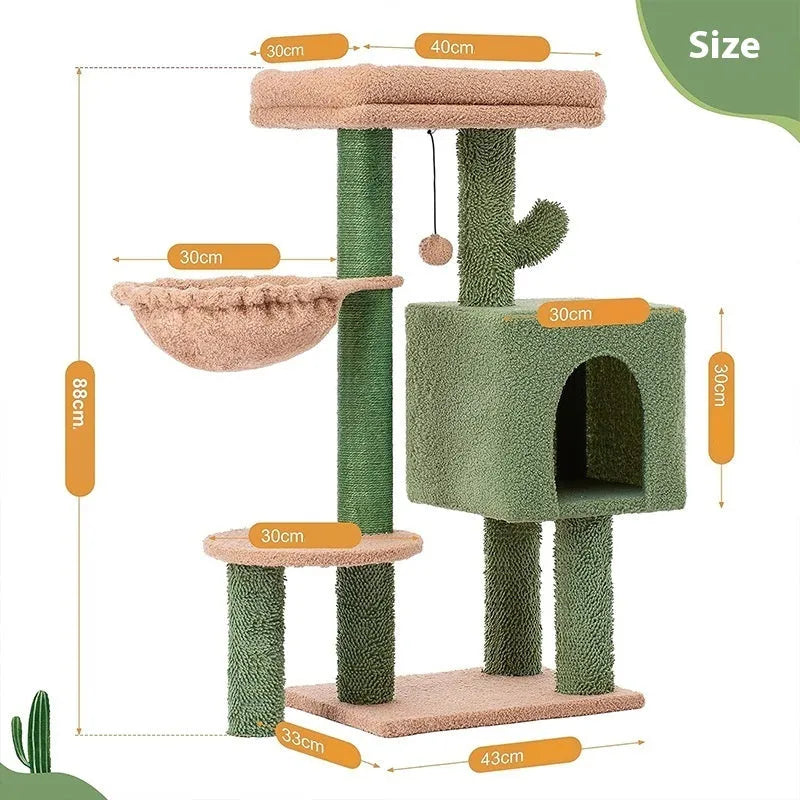 Cactus green wood cat climbing frame 43x33x87cm with shelf platform for small cats