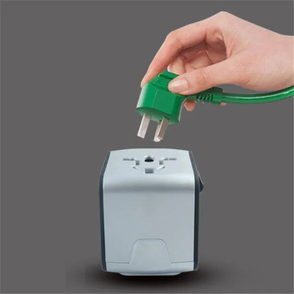 Multi-function universal travel adaptor socket with USB charging, PC shell, compact design, black colour