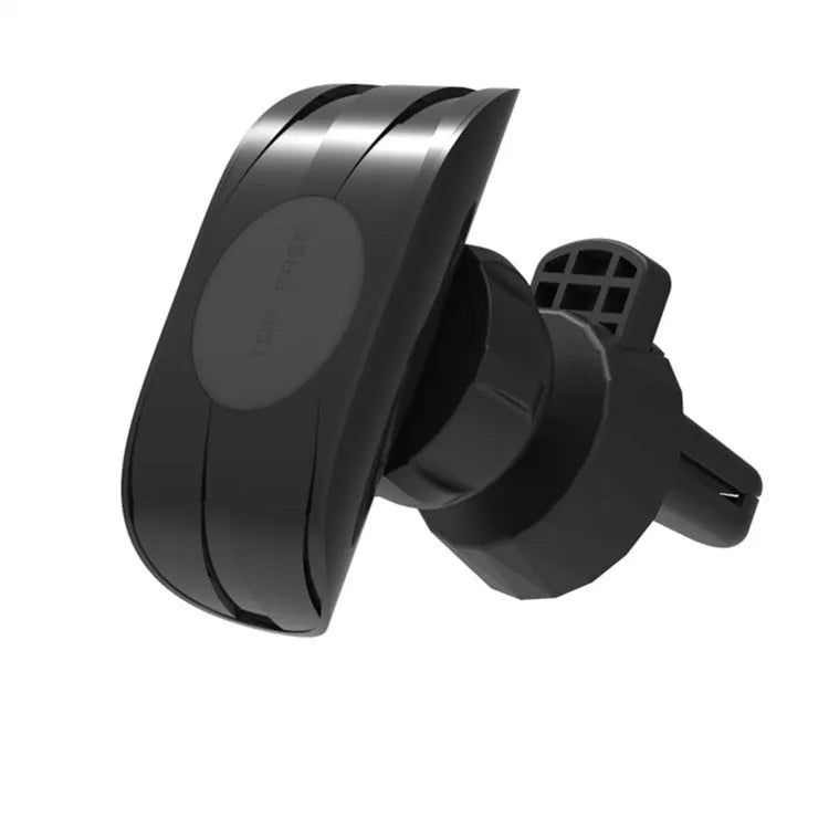 Black magnetic car phone holder mounted on car air vent with phone attached