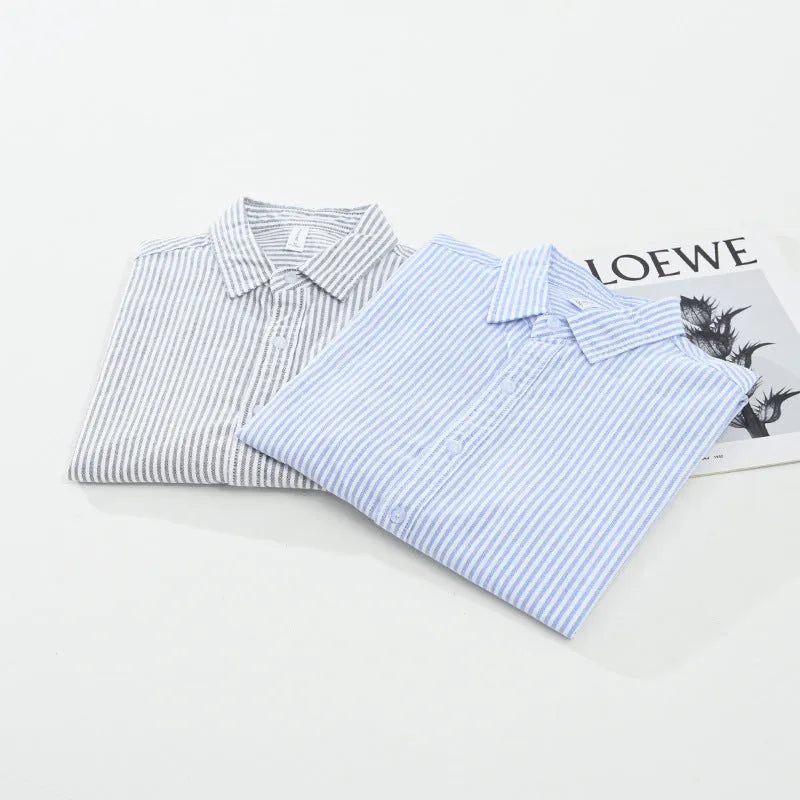 Men's loose long-sleeved pure cotton shirt in grey stripes or blue and white stripes, cardigan style, sizes M to 3XL