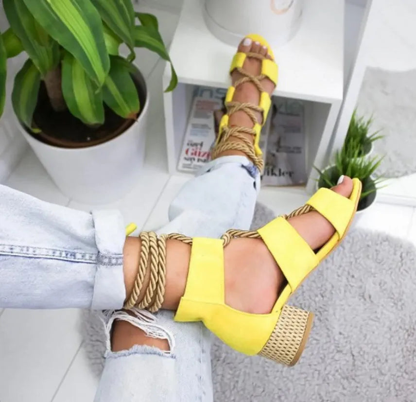 Women's colour matching sandals with thick heel, fish mouth toe, and ankle strap in suede material