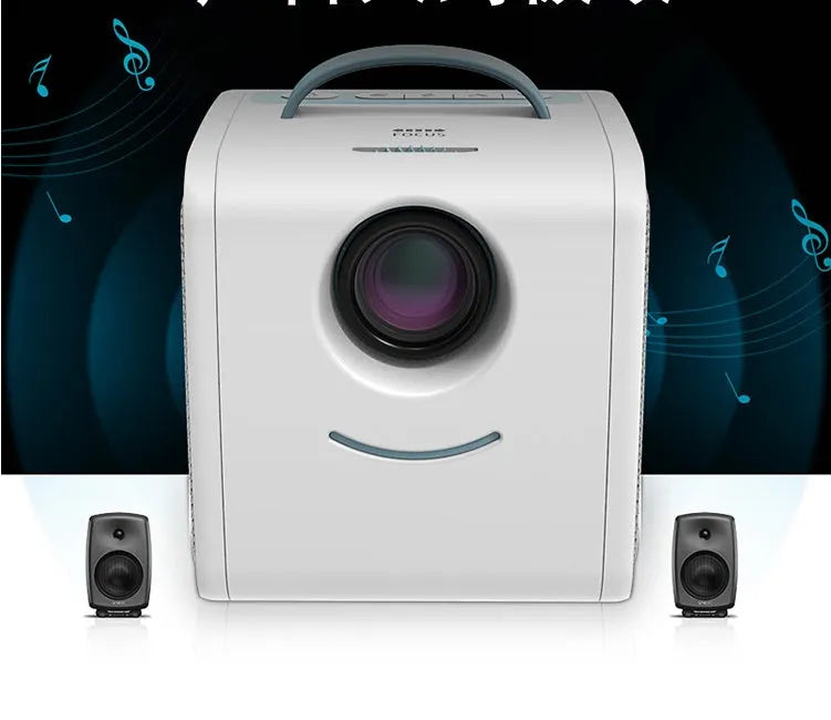 Blue US mini home theater projector showing a large projected image on a wall