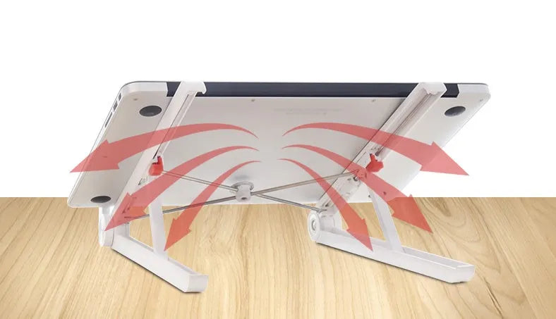 White portable laptop bracket with heat sink base in folded position.