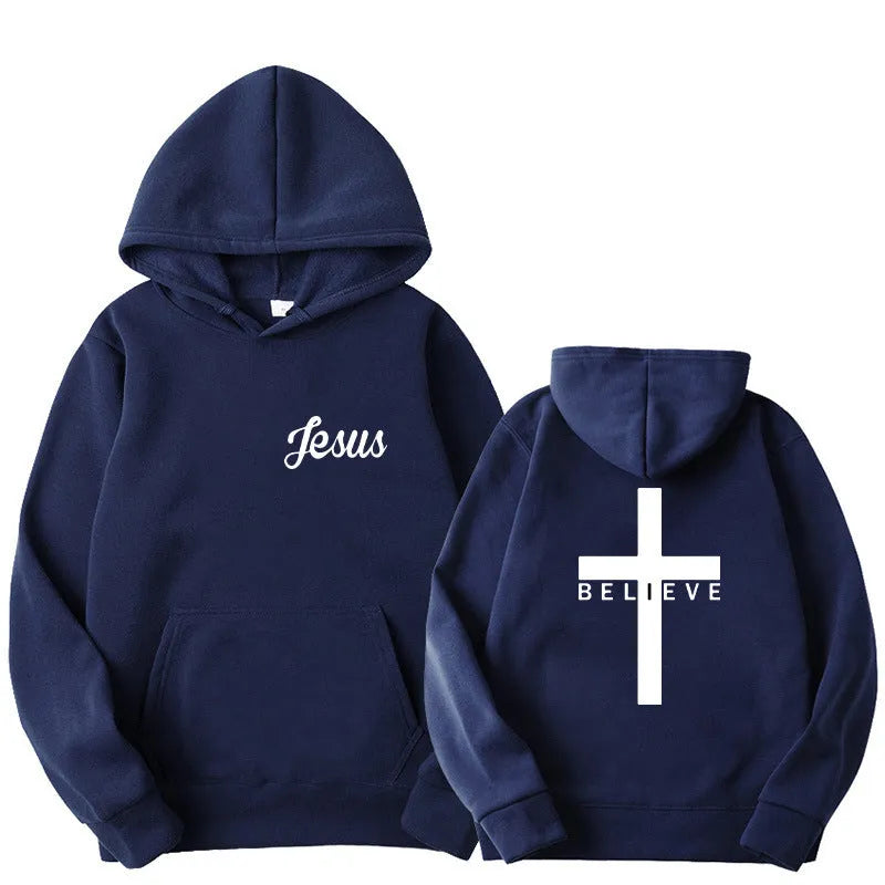 Believe Cross printed men's pullover hoodie with drawstring hood, polyester, black grey white navy blue