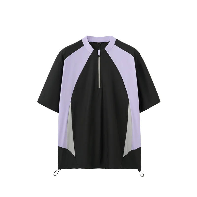 Men's solid colour polyester leisure top showing long and short sleeve options in black and beige colours