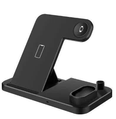4-in-1 wireless charging station with phone, Apple Watch, and AirPods on adjustable magnetic stand