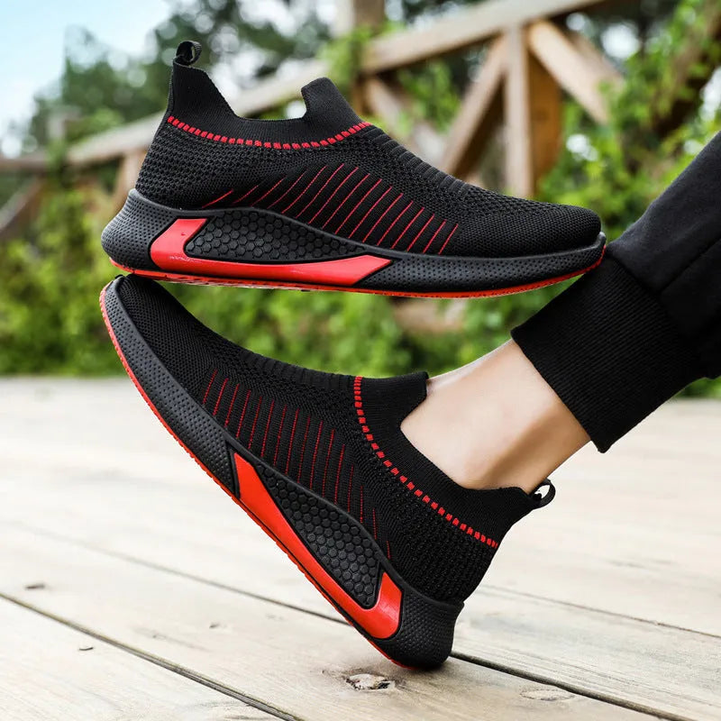Men's striped mesh sock shoes with Flyknit upper and front lace-up closure in black, black white, or white colours