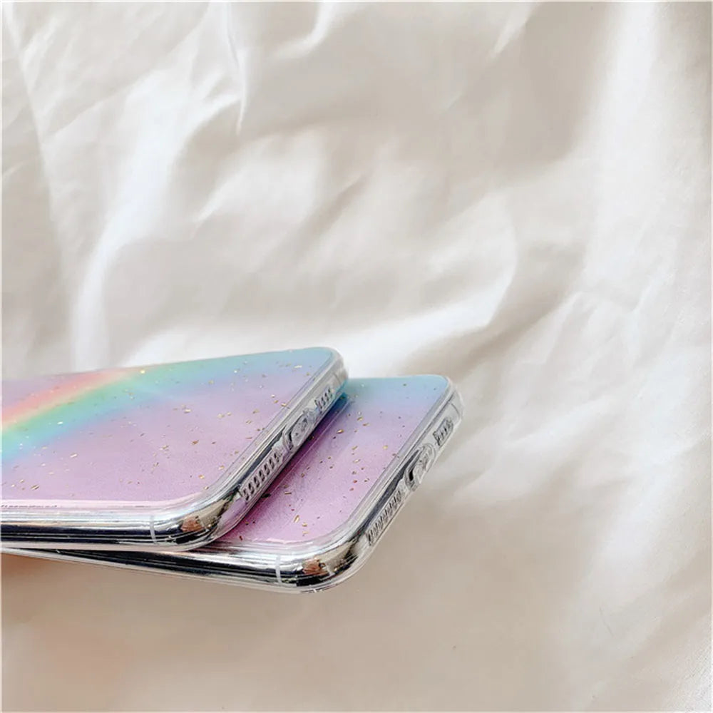 Rainbow gradient striped TPU protective case for iPhone models on a white background.