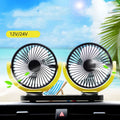 Black dual-head USB car fan with switches, 1.4m cable, ABS housing, 124x12x75mm
