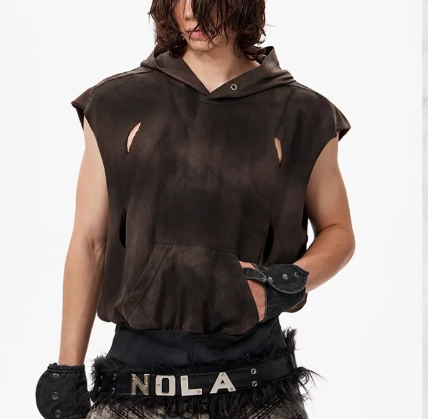 Khaki cotton short-sleeved hood vest for teenagers shown in casual wear