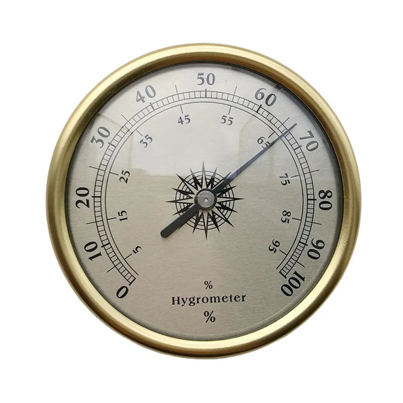 Analogue thermometer and hygrometer with aluminium dial showing humidity and temperature readings