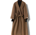 Men's wool coat with suit collar in Black and Caramel colour options showing front view