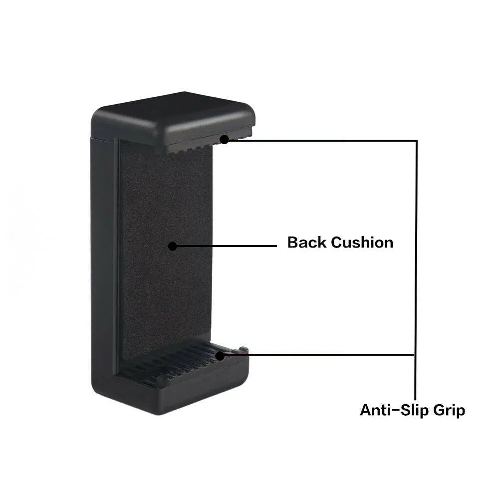 Black plastic car dashboard phone holder with rotating clamp measuring 10x4x3.5mm
