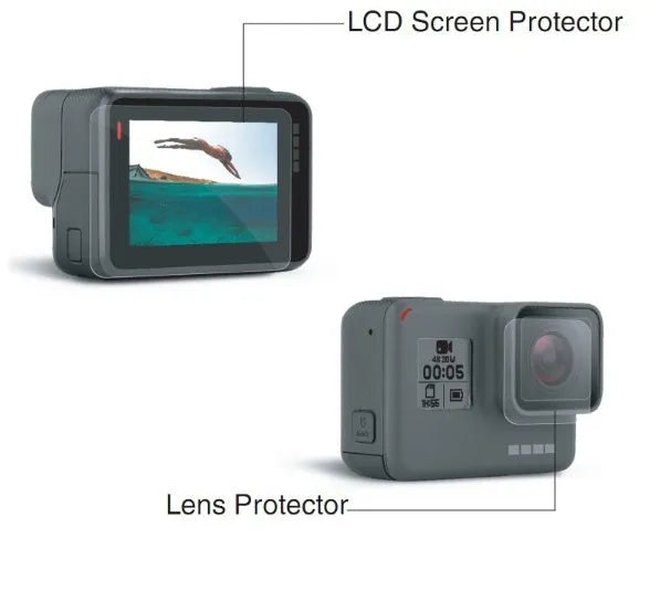 GoPro Hero 5 6 7 tempered glass screen and lens protector films set on a white background.