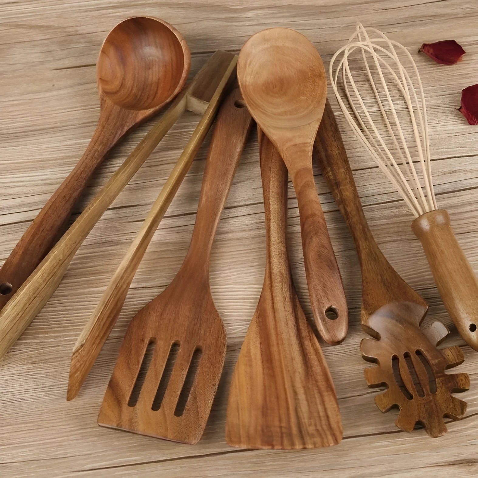 Seven-piece wooden cooking utensil set with spoons and spatulas for non-stick pans