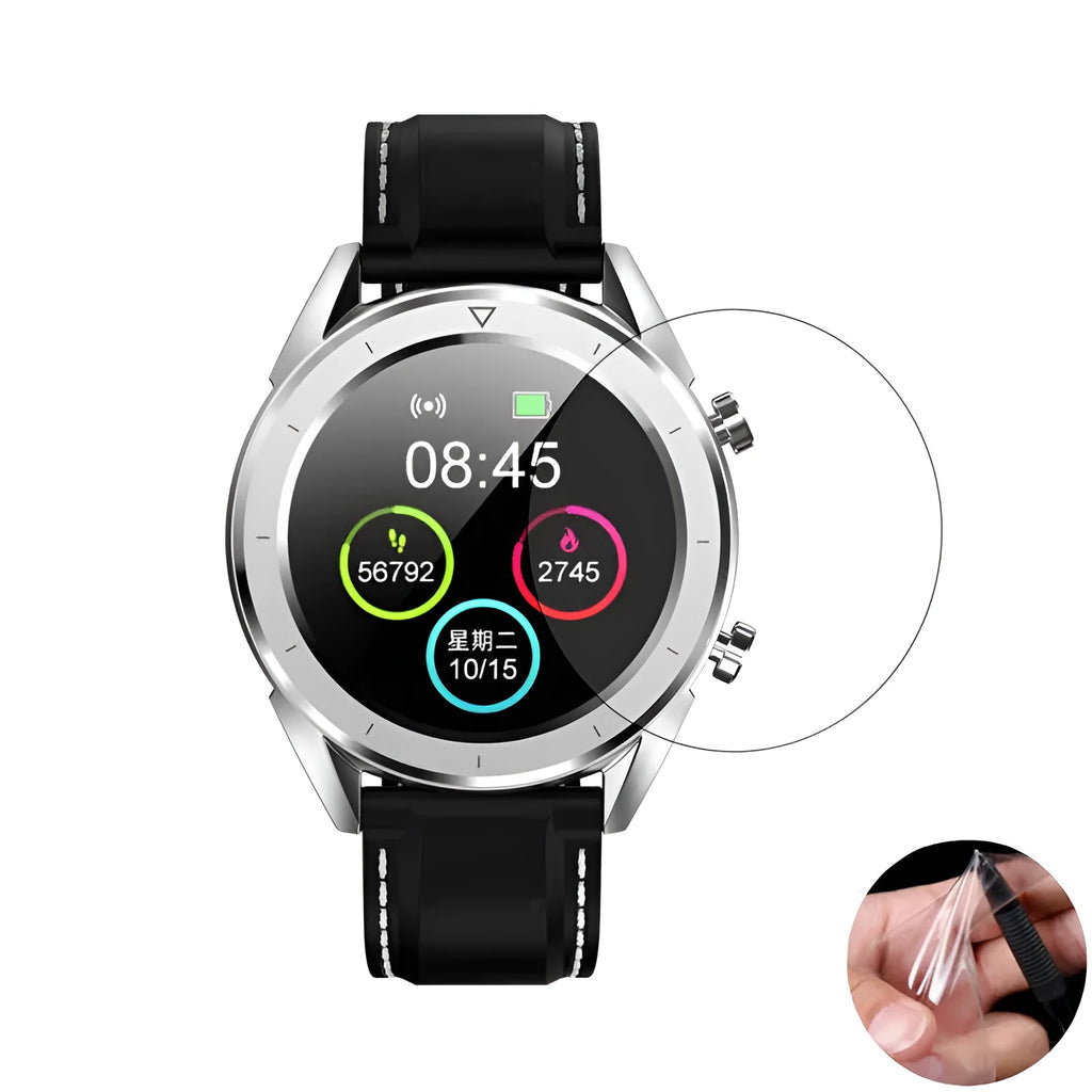 Three transparent PET screen protectors for Ticwatch2 smartwatch on packaging.