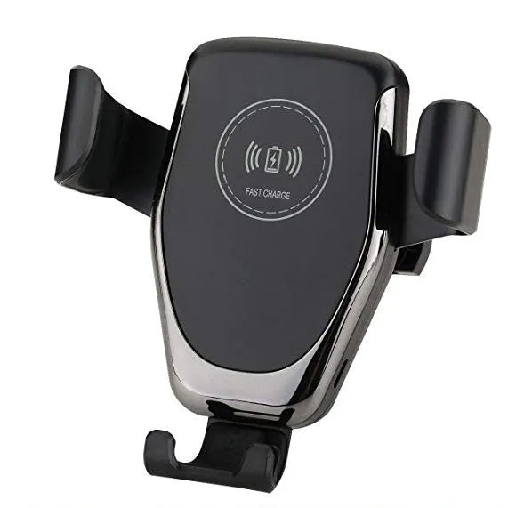 Black car wireless charger mounted on vent automatically clamping iPhone with 18W fast charging