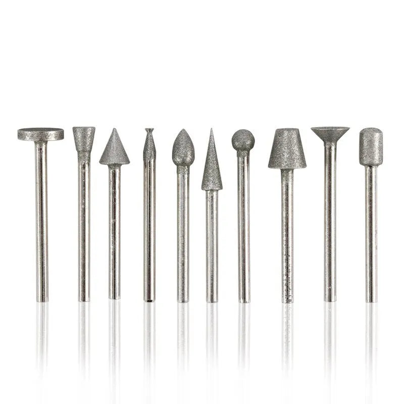 Elliptical cone shaped emery grinding head set with 3mm shank for glass and stone work