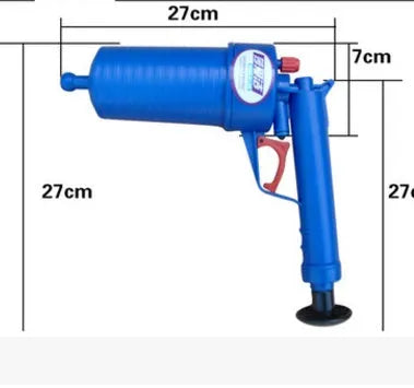 Plastic high-pressure drain blaster gun with four different sized adaptors for unclogging sinks and toilets