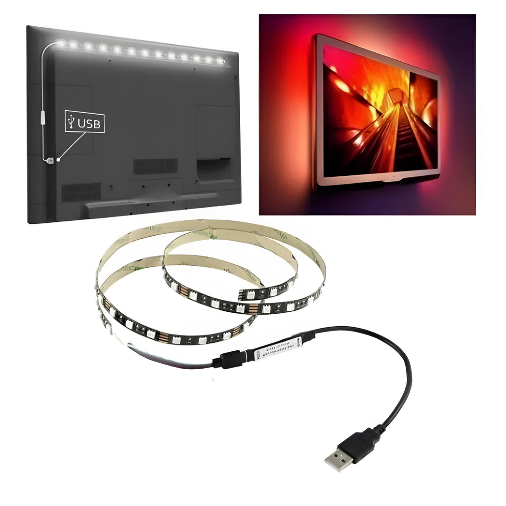 Flexible one-metre long USB LED light strip emitting blue light, coiled next to its USB power cable.