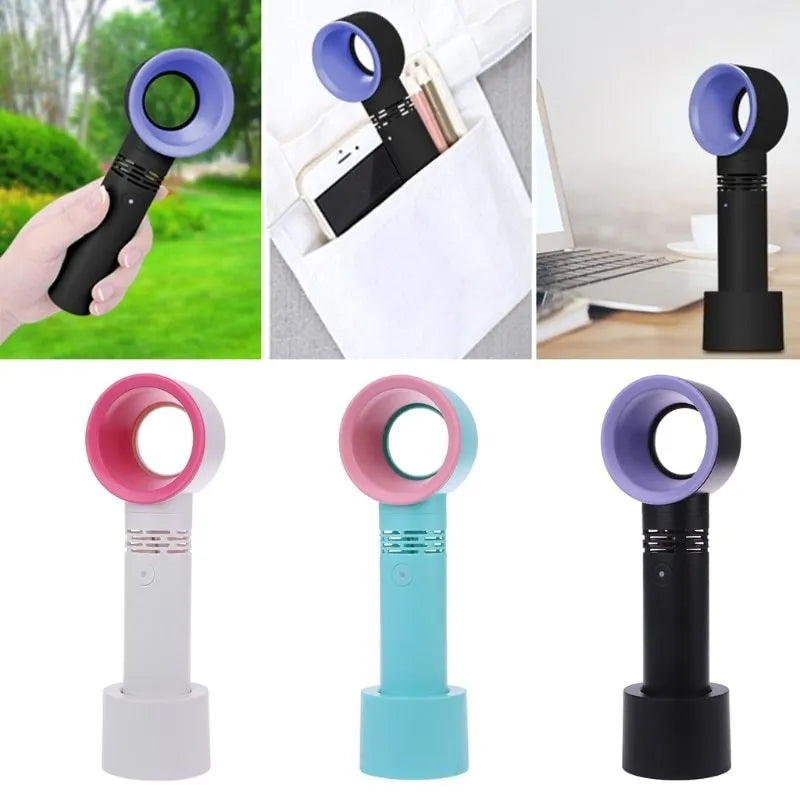 A portable bladeless desk fan with USB charging cable, shown in one of the available colours such as blue, black, or white.