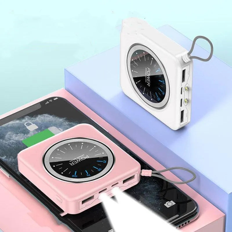 Mini clock portable power bank in an alloy case with multiple USB ports, shown in mint green colour.