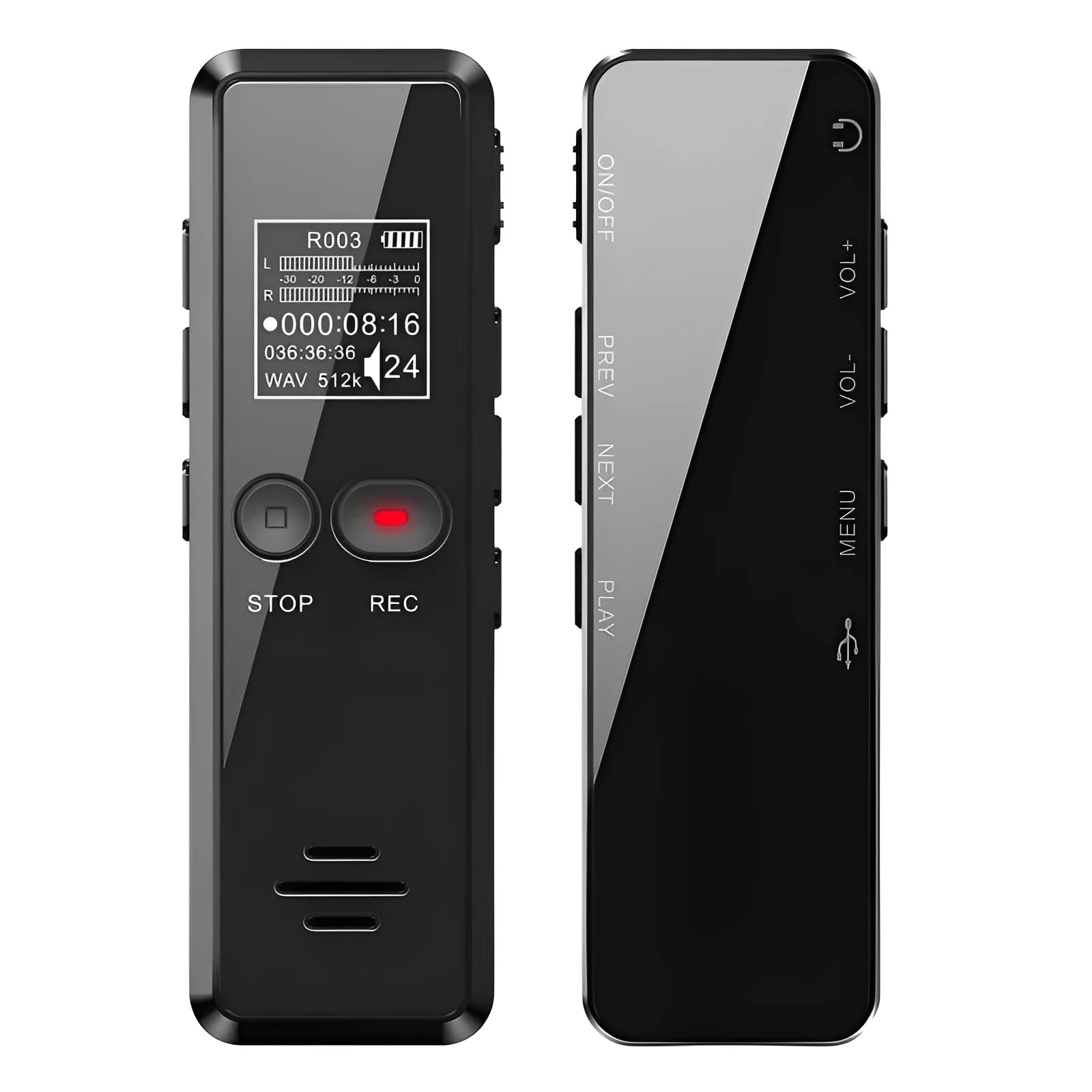 Black zinc alloy USB voice recorder MP3 player with LCD screen showing recording time