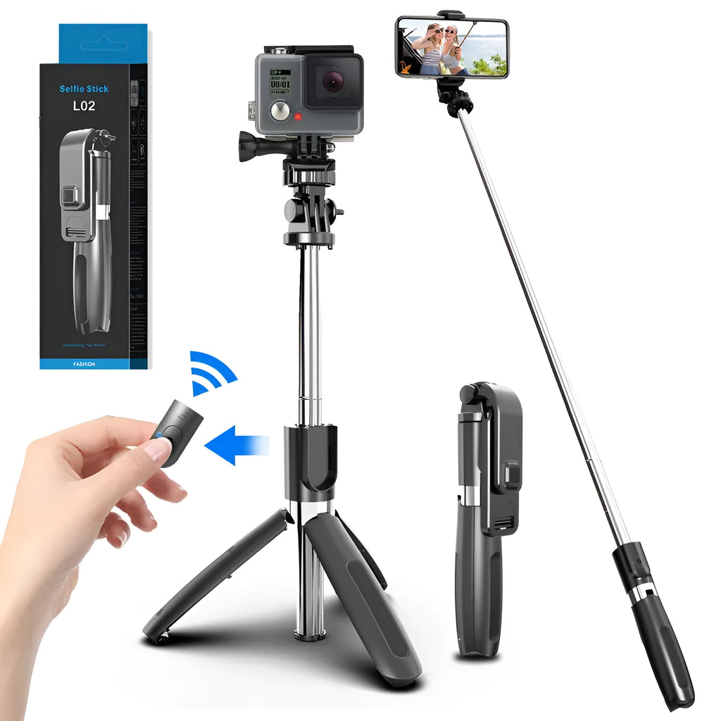 Black Bluetooth selfie stick with wireless remote, extended next to a phone and GoPro camera on its tripod base.
