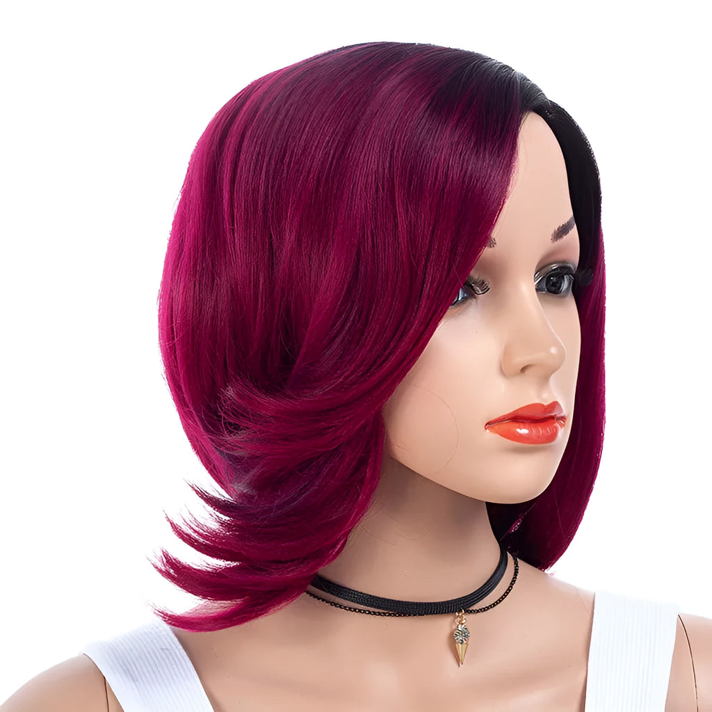 Gradient partial short curly wig in Wine Red showing high temperature wire hairline and 40cm length on a stand